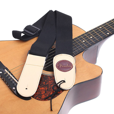 Black Cotton with Leather Guitar Strap for Fender Guitar I43
